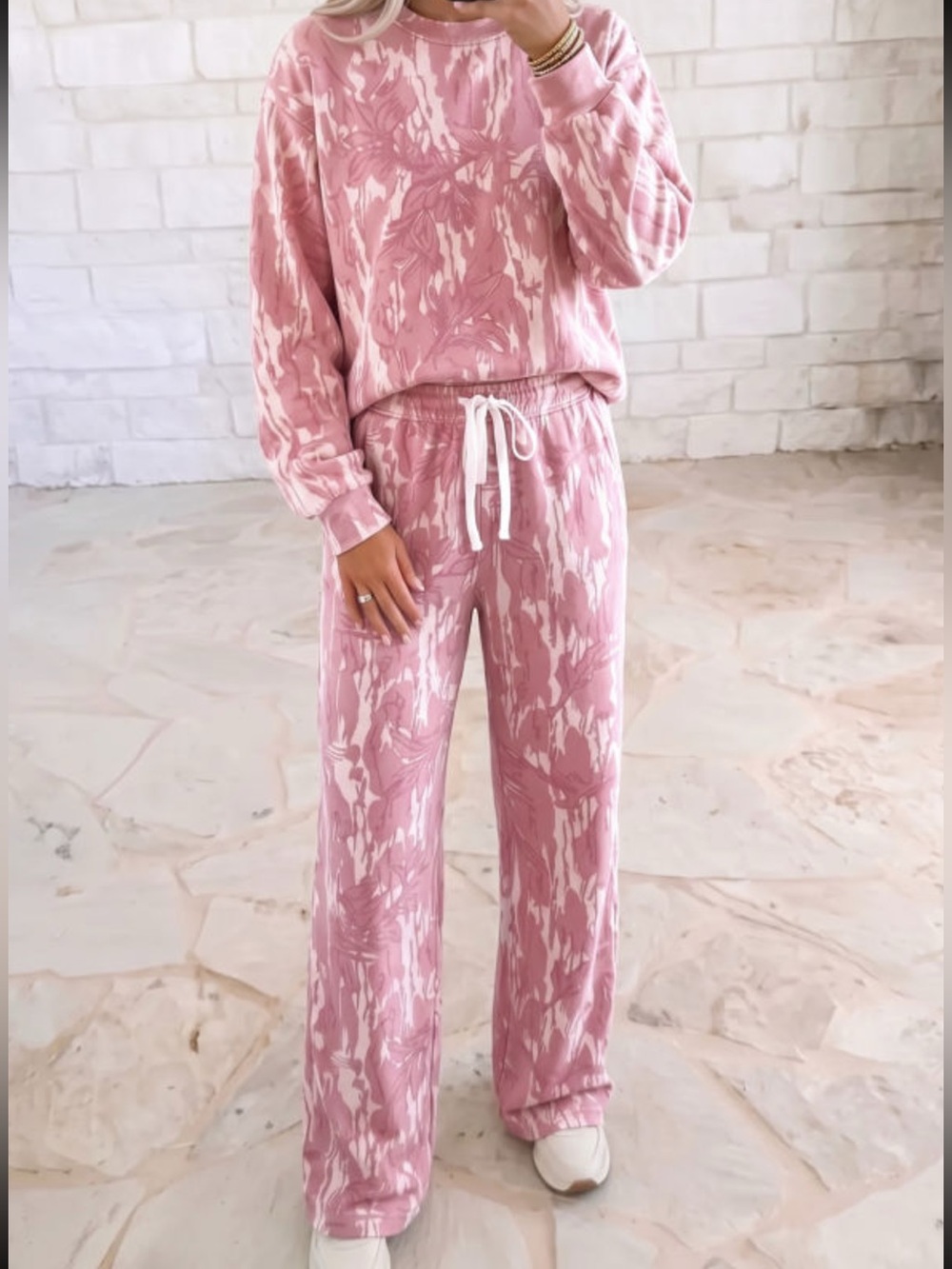 1301. Pink abstract floral loose pullover wide leg pant set